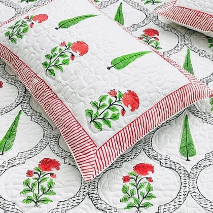 Mughal Jaal Hand blocked Double Reversible Quilted Bed Cover with two Quilted pillow covers in Pure Mumul cotton-90 x 108 inches