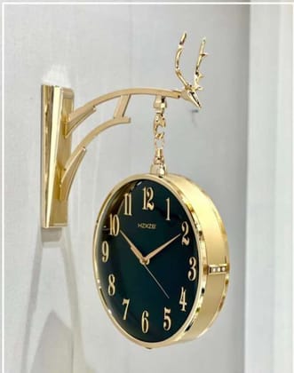 Round Metallic Finish Station Clock  | Double sided hanging clock with Deer Head-Gold-Black