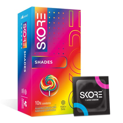 Skore Shades Assorted Colours | Extra Lubrication | Dots | Condom, 10 pieces | 1 Packs