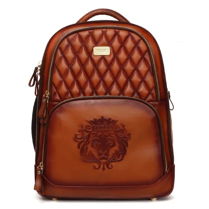 Diamond Stitched Backpack Tan Leather with Embossed Lion Logo by Brune & Bareskin-FS