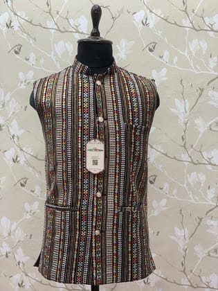 Black Modi Nehru Mens Jacket | Embroidered Silk Koti | Sleeveless Ethnic Waistcoat | Indian Wedding And Party Wear Koti, Fast Delivery India (Size - 42) by Rang Bharat
