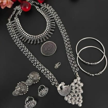 Peacock Necklace Earring Bracelet Jewelry Set For Women-Free Size / Silver