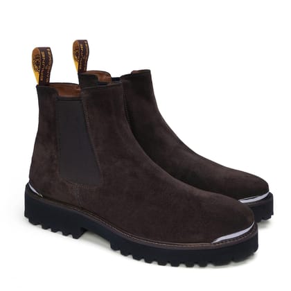 Dark Brown Suede Leather Round toe with Metal Plate Chunky Sole Men's Boot By Brune & Bareskin-40/6