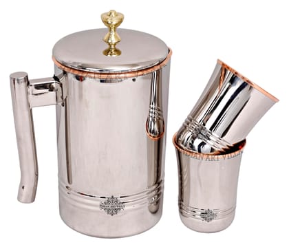 Indian Art Villa Steel Copper Jug Pitcher With Brass Knob & Glass Set, Serveware & Tableware-3