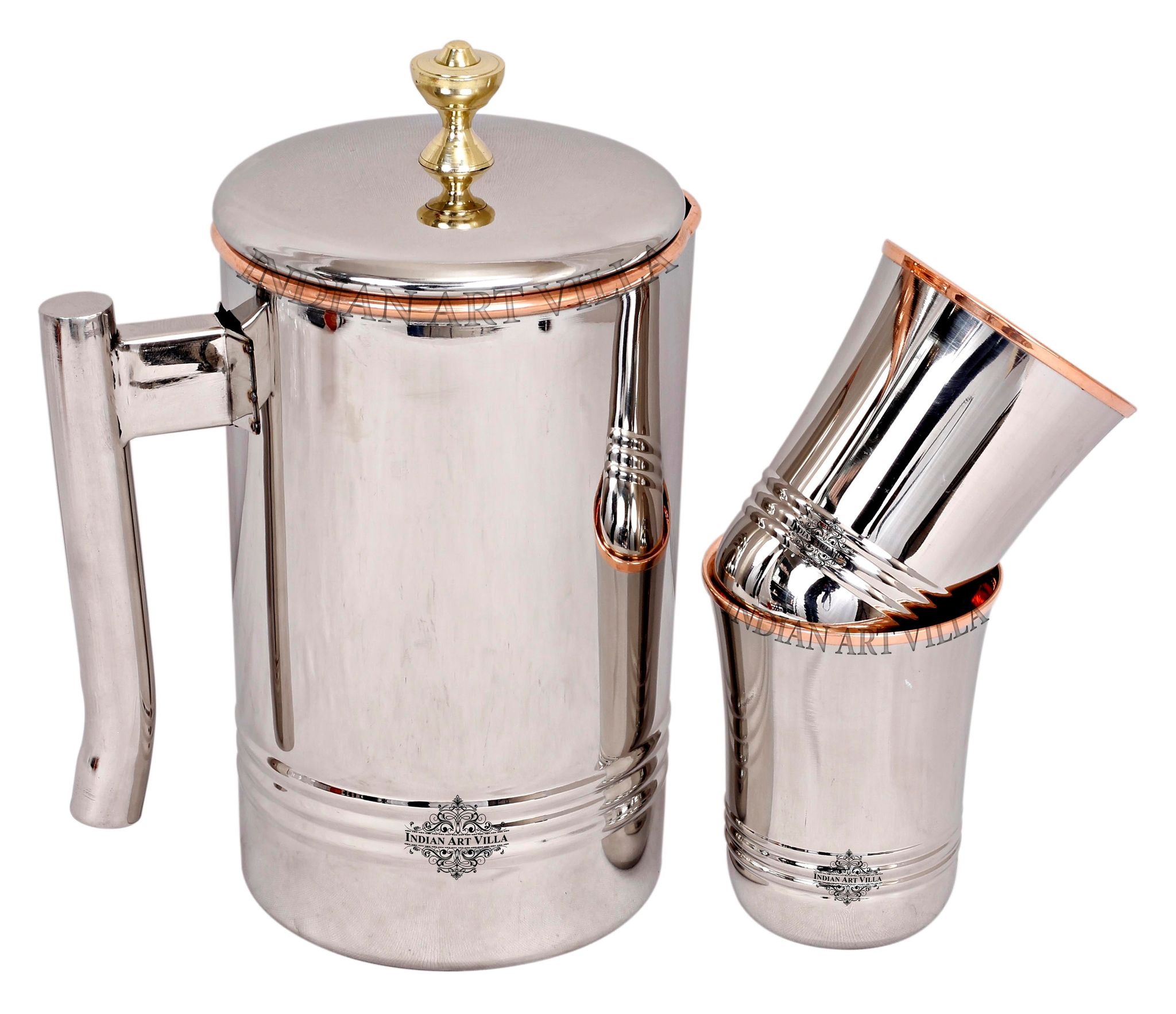 Indian Art Villa Steel Copper Jug Pitcher With Brass Knob & Glass Set, Serveware & Tableware-3
