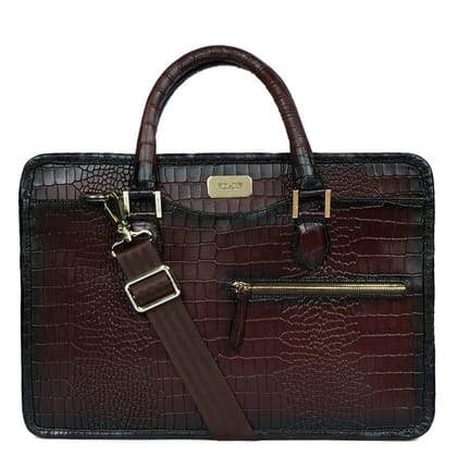 Dark Brown Croco Burnished Leather Laptop Briefcase By Brune & Bareskin-FS