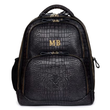 Customized Metal Initial Smokey Grey Embossed Lion with Mini Lion Logo Croco Textured Leather Backpack by Brune & Bareskin-FS