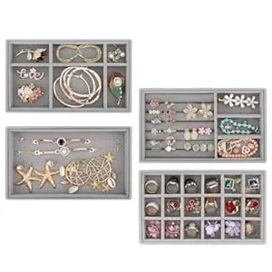 KATHIYAWADI Set of 4 Stackable Jewelry Organizer Trays for Drawers, Jewelry Display Case Storage Container for Earring Necklace Rings Bracelet with Removable Dividers -Grey
