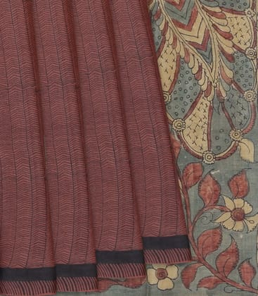 Brown Handloom Tussar Silk Saree With Block Printed Stripes & Kalamkari Hand Painted Pallu & Blouse-Brown