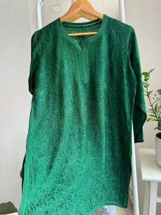 Chikankari Viscose Georgette short Top in Green-Green / Viscose Georgette / S