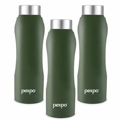 PEXPO Stainless Steel Fridge Water Bottle, 1000 ml, Pack Of 3, Military Green, Bistro | Leak-Proof & Easy to Grip Water Bottle