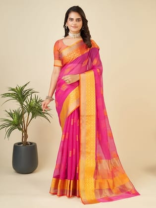 Ethnic Motifs Woven Design Zari Chanderi Saree