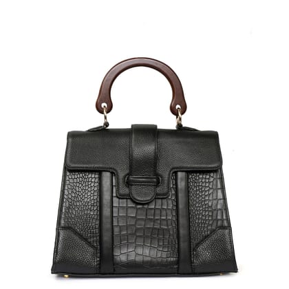 Elegant Large Black Croco Textured Leather Handbag with Wooden Handle-Large