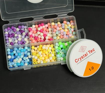 10 Pcs, 600 Pcs, 6mm Acrylic Beads Mix Color DIY Kit With 10 Mtrs Elastic Thread-MultiColor