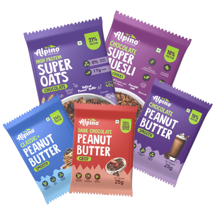Alpino Assorted Trial Pack | Chocolate Oats, Chocolate Muesli, Chocolate Peanut Butter, Dark Chocolate Peanut Butter, Classic Smooth Peanut Butter and Gluten-Free | Vegan | High in Protein | Fibr