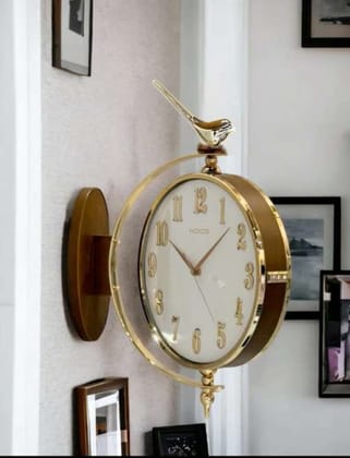 Round Metallic Finish Station Clock  | Double sided hanging clock with Bird Figurine-Black-Gold