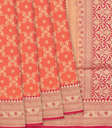 Orange Handloom Banarasi Silk Saree With Floral Jaal Motifs-Orange-Orange