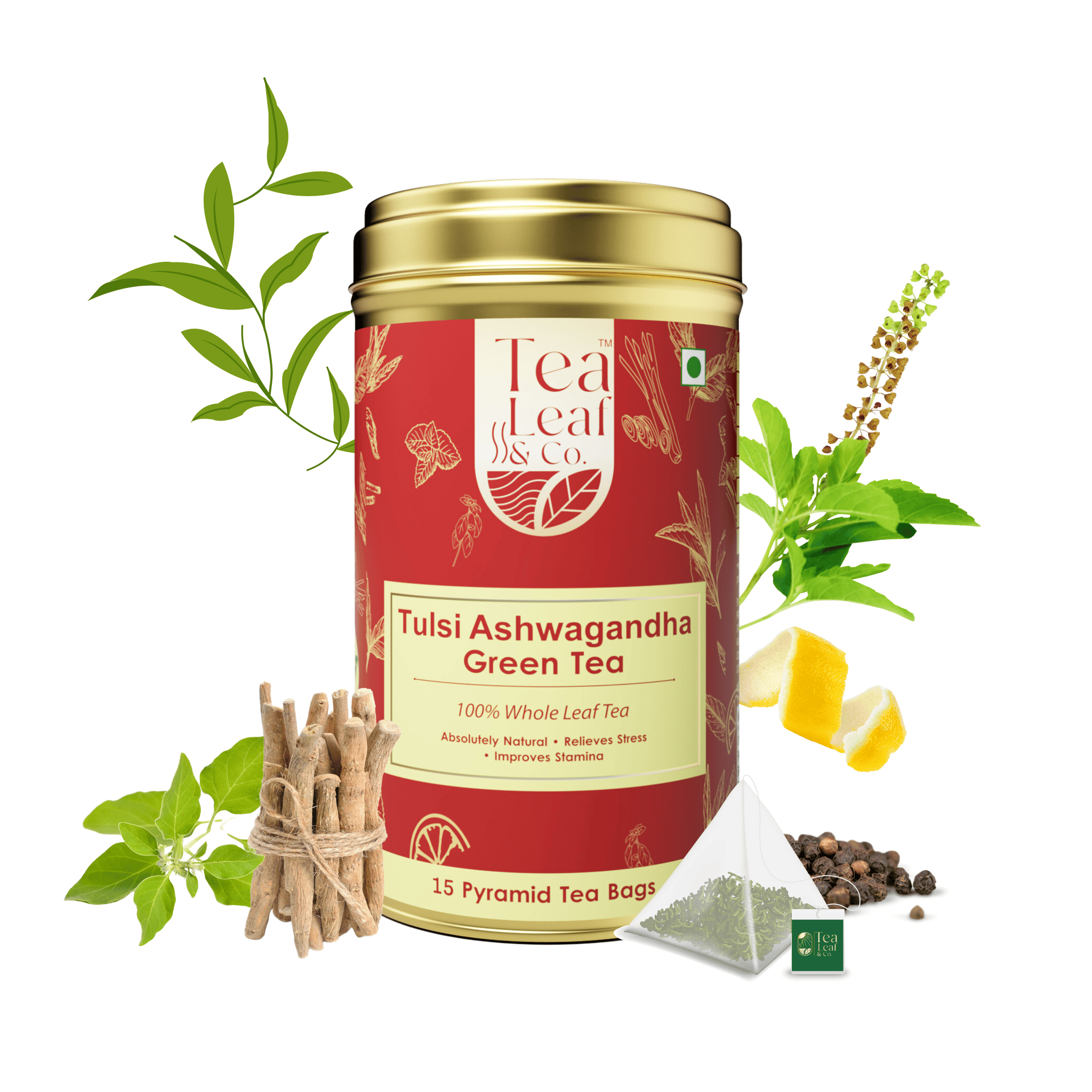 Tulsi Ashwagandha Green Tea Herbal Blend for Stress Relief & Stamina Boost 15 Pyramid Tea Bags Pack of 1