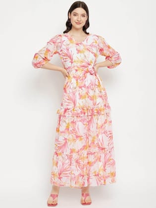 Floral Printed Puffed Sleeves Tie-Ups Georgette Fit and Flare Maxi Dress