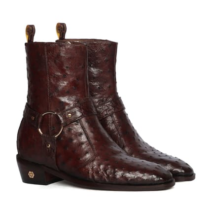 Exotic Dark Brown Boots in Ostrich Leather with Perfect Cuban Heel-40/6