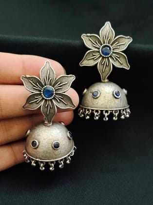 Silver Oxidized Flower Jhumka Earrings for Navratri Festivities | Sarichka-Blue