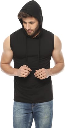 Gritstones Solid Men Hooded Black T-Shirt