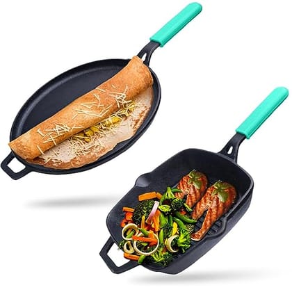 GEMMA Set of 2 Pre-Seasoned Natural Nonstick Raw Cast Iron Non Stick Grill Pan N Non-Sticky Dosa Tawa Maker with Long Inbuilt Handle for Grip Resistance | Black
