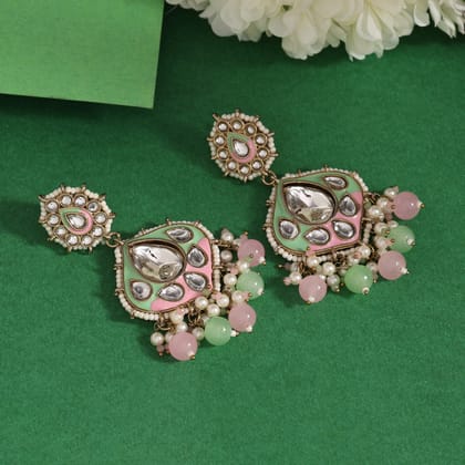 Pink Color Kundan Meenakari Earrings (KDE985PNK)-Length: 8.00 CM x Width: 3.50 CM / Pink / Alloy With Good Quality Mehndi Gold Plated
