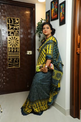 Noorani-Ajrakh Printed Chanderi Silk / Chanderi Silk / Blue and Yellow