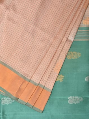 Cream and Turquoise Uppada Silk Handloom Saree with Body Buta and Checks Design u2121