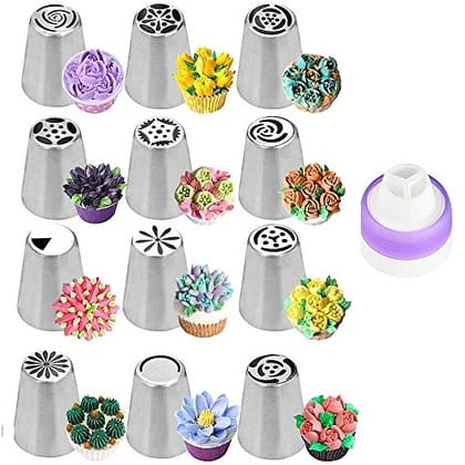 12 Russian Nozzles Piping Tips Cake Cupcake Decorating Set with 1 Tri-Color Coupler Use 3 Colors at Once - Great Baking Gift