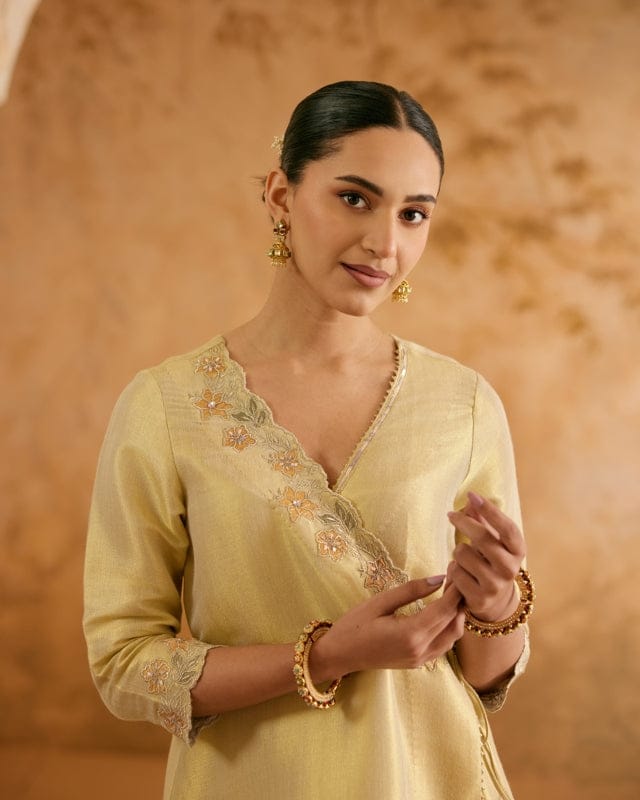 Gold Zari Tissue Angrakha with Narrow Pants - Set of 2-XXS / XXS