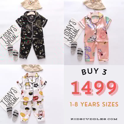 3 NIGHT SUITS COMBO FOR BOYS AND GIRLS (PRINTED DESIGN BLAKE PEACH WHITE)-1-2 YEARS