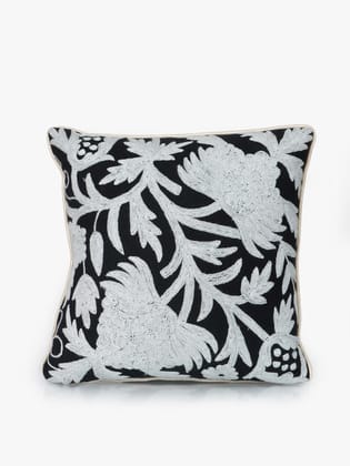 Elegant Floral Contrast Handcrafted Kashmiri Chain Stitch Cushion Cover-Single