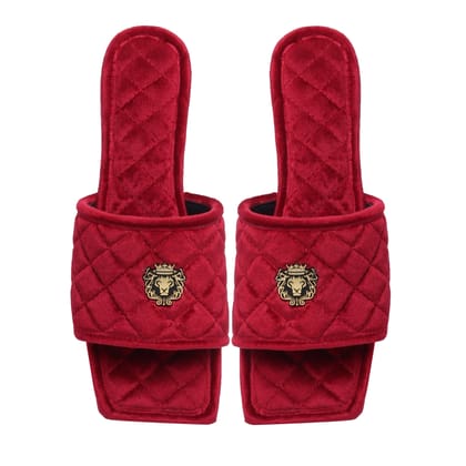 Women's Red Full Quilted Stitched Squared Toe Italian Velvet Slide-in Slippers By Brune & Bareskin-36/3