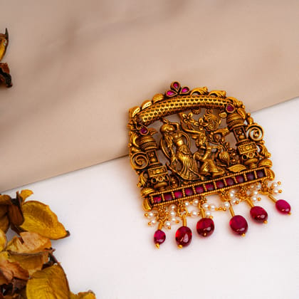 Radhe Krishna Deep Nakas With polkis  Antique Gold Plated Pendant