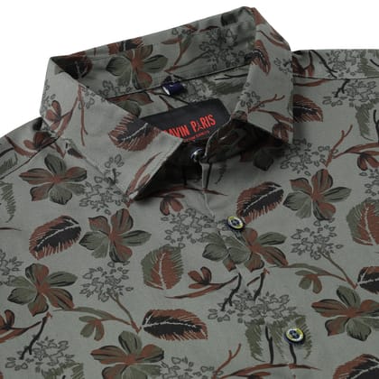 Olive Green with Autumn Leaf Pattern Slim Fit Full Sleeve Shirt (GP040)-S-36 / Full Sleeve