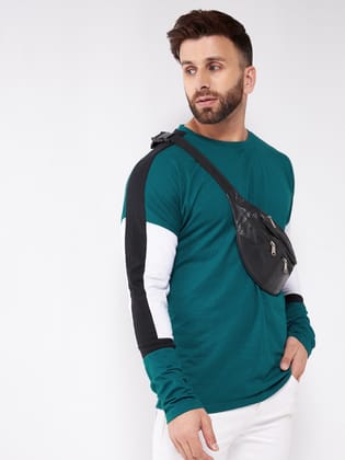 Gritstones Men Turquoise Color Full Sleeve Color Block Cotton T-Shirt