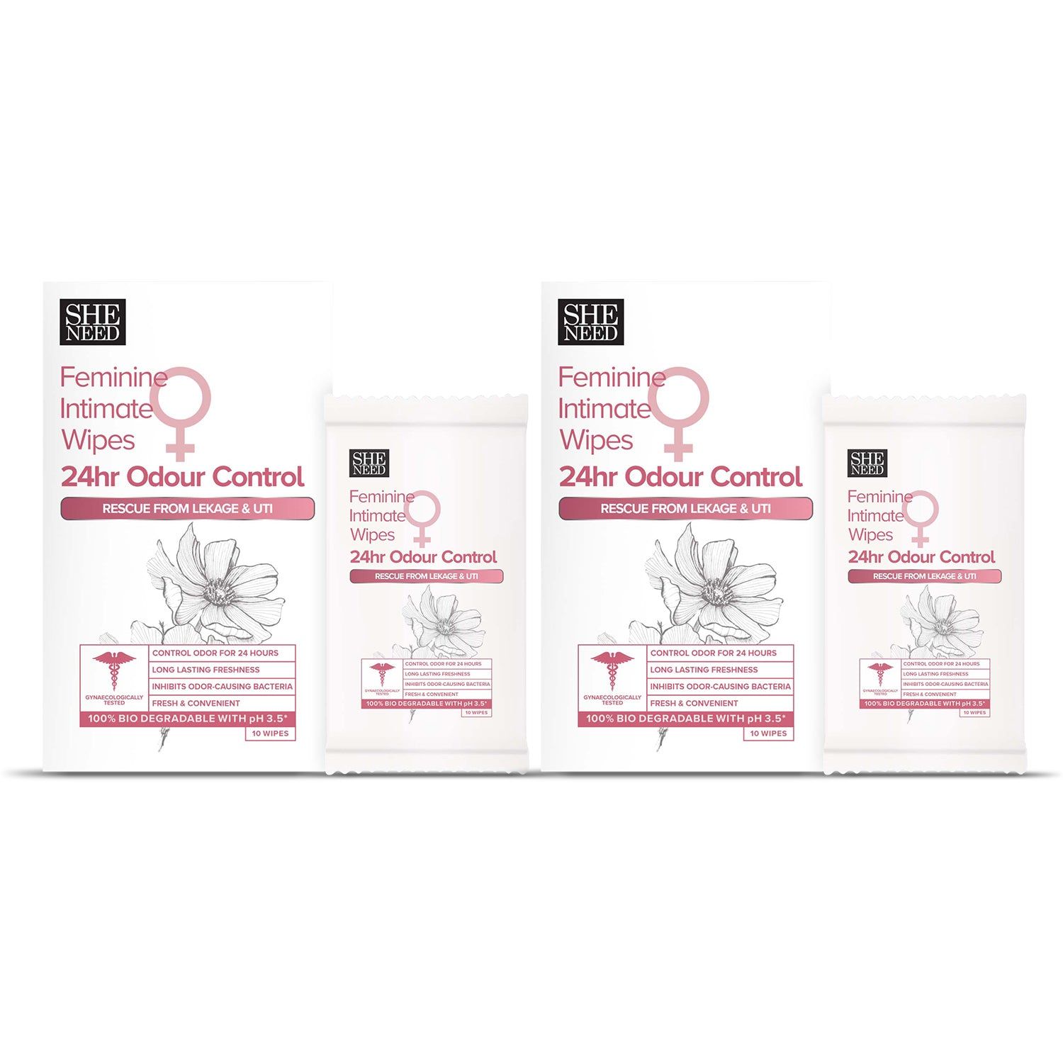 SHENEED Feminine Intimate 24hr Odour control wipes 10N (pack of 2) |Rescue from leakage & UTI| Refreshing Cleansing |pH Balance |Natural & Vegan | Paraben & Sulphate Free|clinically proven| Gynac