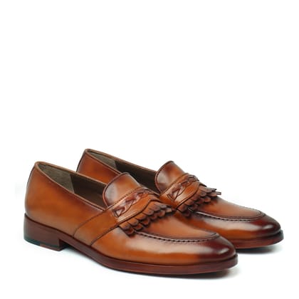 Dual Fringes Weaved Strip Slip-On Loafer in Tan Leather by Brune & Bareskin-40/6