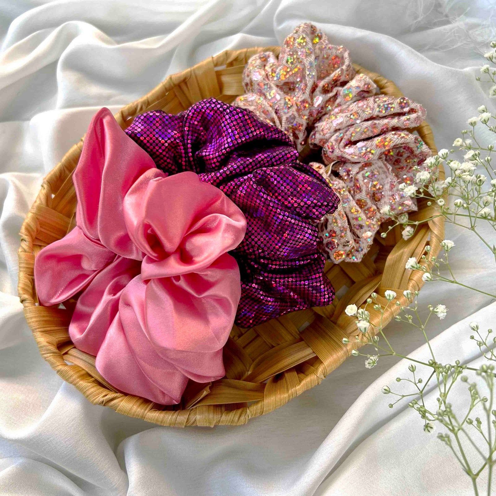 Pretty Pink Holographic Scrunchies Set Of 3