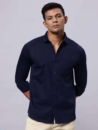 Men Navy Blue Solid Slim Fit Cotton Shirt-S