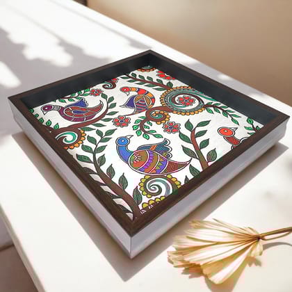 Elegant Madhubani Peacock Print MDF Serving Tray | Stylish & Durable Decorative Tray for Home & Dining-Madhubani