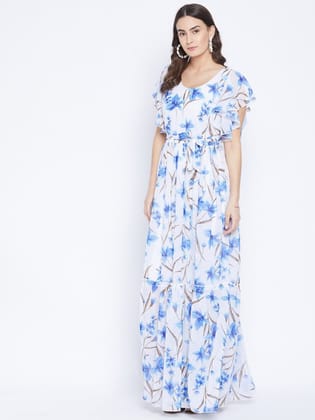 White & Blue Floral Georgette Maxi Dress