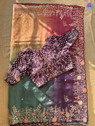 Multi shaded Pure Tussar Silk Saree with hand made pita embroidery paired with blouse-S