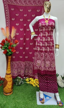 Modal Ghazi Silk Lakhnavi work Bandhani Salwar Material-Unstitched / Magenta
