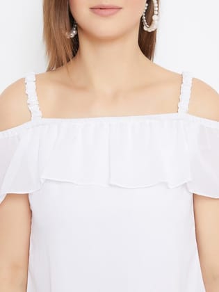 Women White Off Shoulder Top With Printed Layered Skirt