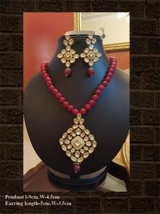 Rhombus shaped kundan and AD pendant set in ruby string