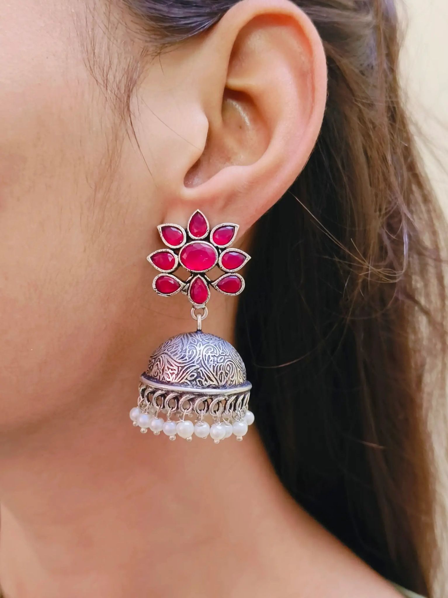 Stone Studded Oxidised Pearl Jhumka | Sarichka-Black
