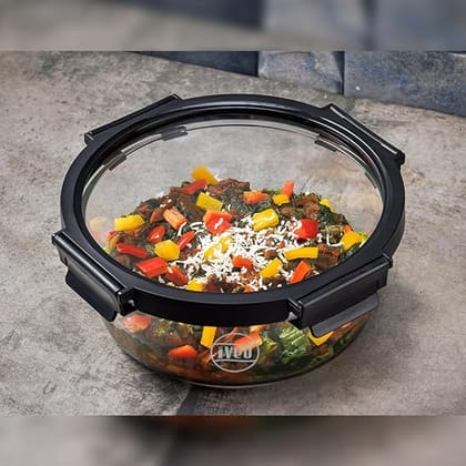 IVEO Borosilicate Glass Container, Glass N Glass | Microwave Safe Food Container | Cook Serve Store | for Carrying and Storing Food | with GLASS LID | Leak proof | 650 ml, Round, 1 Pc, Black